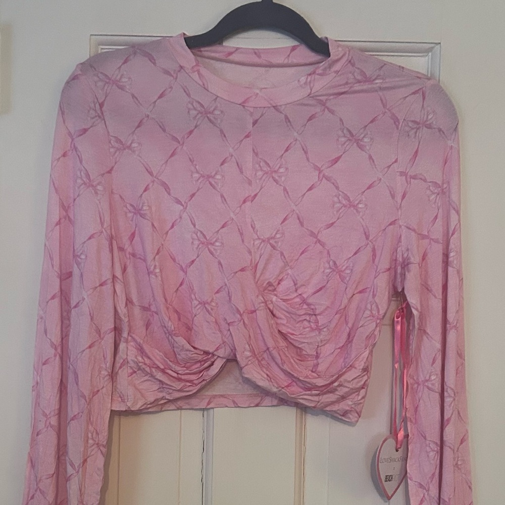 LoveShackFancy Beach Riot Long Sleeve Pastel Pink Ribbons & Bows Crop Top